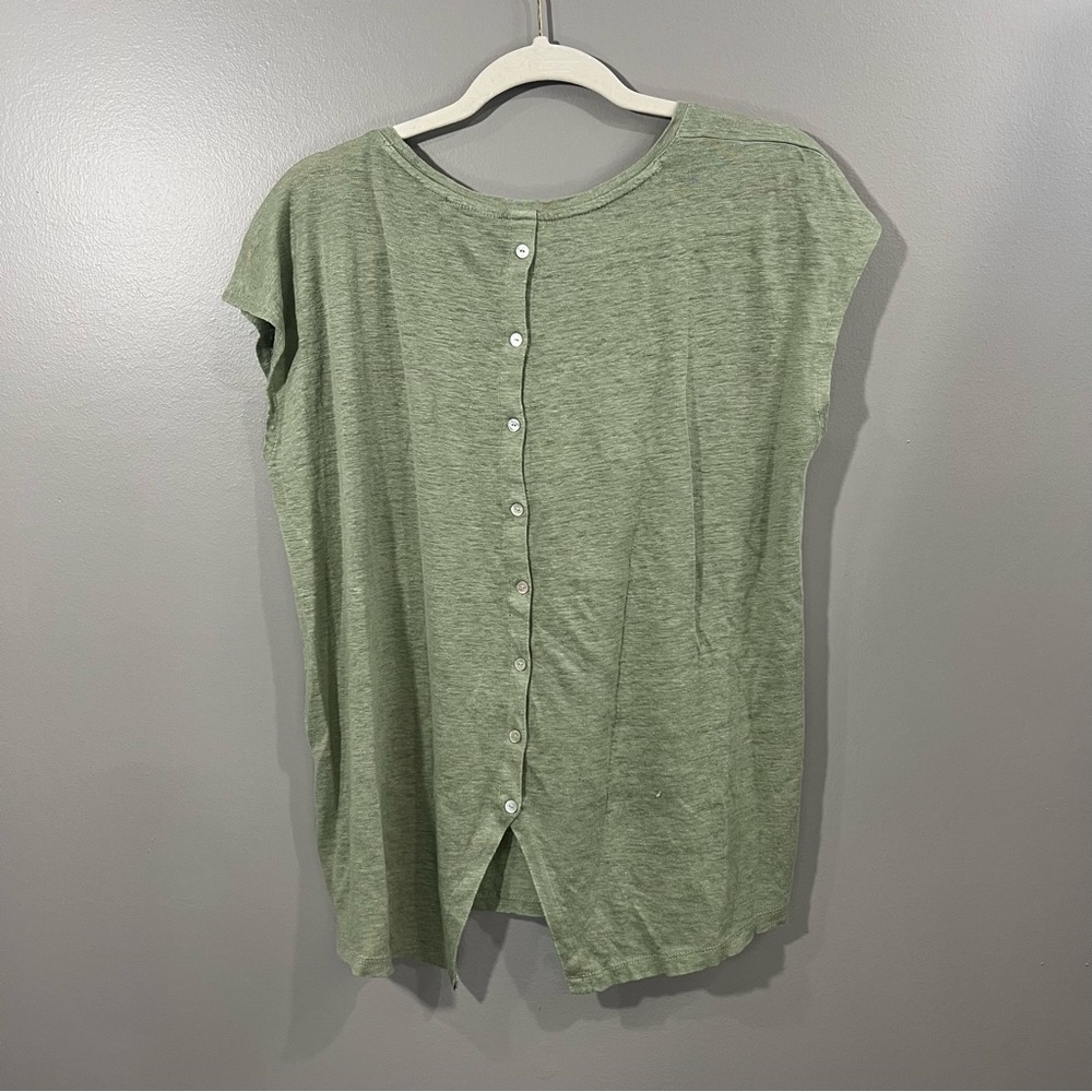 Tahari Olive Green 100% Linen Short Sleeved Scoop Neck Button Back Top XL - Picture 3 of 4